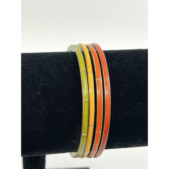 Vintage Inlay Bakelite Bangle Bracelet Brass Set Of 4 3" Width - Picture 3 of 6